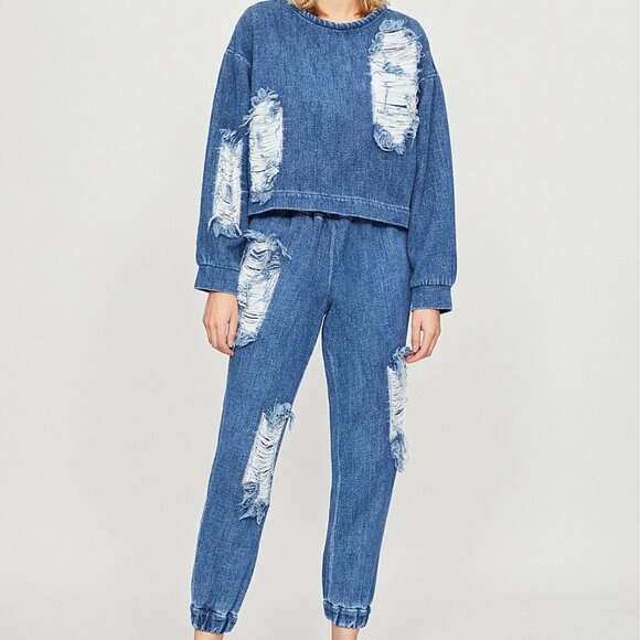 Designer Fall/Winter 2018 Ready-To-Wear Collection Distressed Denim Sweater - Picture 3 of 6